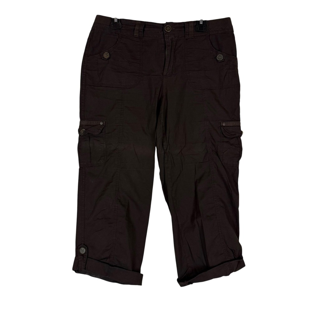 Chico's Capri Crop Pants Womens 10 Brown Cargo Twill Cuffed Stretch Pockets